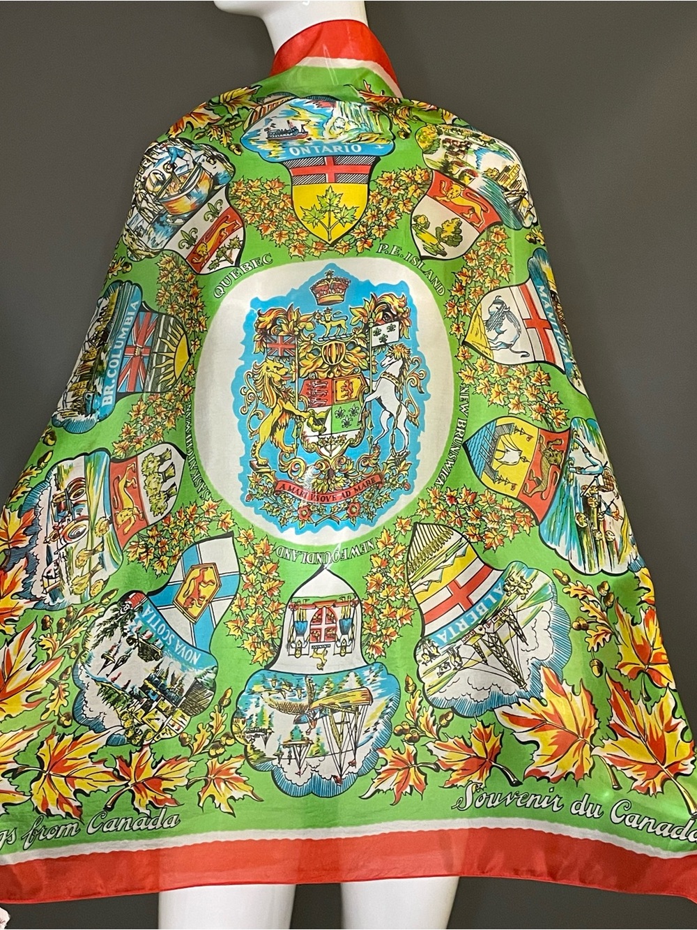 Rare Vintage Canada Souvenir Silk Scarf Large 34 In Sq Very Good Condition